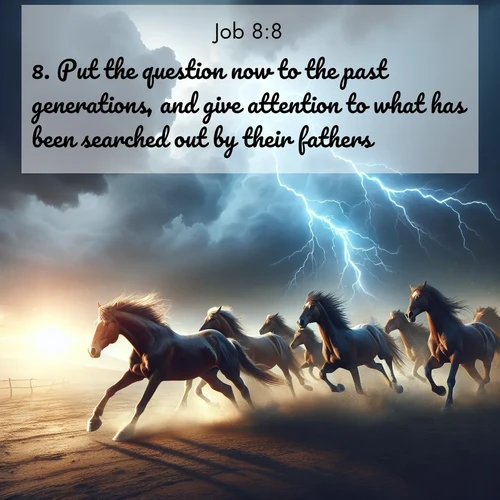 BBE Job 8:8 overlaying nature image scene: Wild horses race approaching storms. Lightning illuminates their power.;8. Put the question now to the past generations, and give attention to what has been searched out by their fathers:
