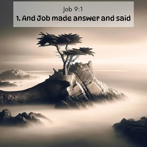 BasicEnglish Job  ; image nature: image with the bible verse :And Job made answer and said, ; Admire Bible verse images illustrated by summer photos, such as sunny beaches, sparkling waves, and swaying palm trees. These bright scenes highlight the joy and warmth of God&#039;s creation. Download and share verses like KJV Job 9:1. Current verse is overlayed with the thematic nature scene : A lone cypress stands sentinel on a wave-carved point. Pacific storms have shaped its every branch. ; 9:1
