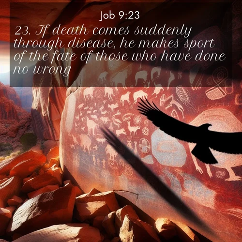 BasicEnglish Job  ; image nature: image with the bible verse :If death comes suddenly through disease, he makes sport of the fate of those who have done no wrong. ; Explore Bible verses paired with beach photos, where waves gently crash on the sand and the sky glows with pastel hues at sunset. These scenes convey deep serenity. Download verses like KJV Job 9:23. Current verse is overlayed with the thematic nature scene : Ancient petroglyphs weather on red canyon walls. A circling hawk&#039;s shadow passes over the timeless art. ; 9:23