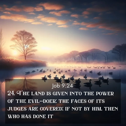 BasicEnglish Job  ; image nature: image with the bible verse :The land is given into the power of the evil-doer; the faces of its judges are covered; if not by him, then who has done it? ; Dive into our collection of Bible verses paired with breathtaking desert landscapes, featuring infinite dunes, shaded oases, and desert sunsets. These images highlight the majestic grandeur of God&#039;s creation. Download and share verses like KJV Job 9:24. Current verse is overlayed with the thematic nature scene : Wild geese rest on still waters. Dawn mist rises like dreams. ; 9:24