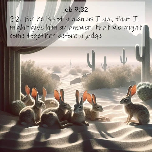 BasicEnglish Job  ; image nature: image with the bible verse :For he is not a man as I am, that I might give him an answer, that we might come together before a judge. ; Explore winter-themed Bible verse images illustrated by snowy mountains, frost-covered branches, and clear skies. These landscapes reflect divine purity and peace. Download verses like KJV Job 9:32. Current verse is overlayed with the thematic nature scene : Desert jackrabbits rest in cactus shade. Heat waves distort distant peaks. ; 9:32