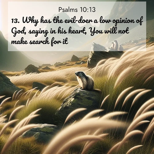 BasicEnglish Psalms  ; image nature: image with the bible verse :Why has the evil-doer a low opinion of God, saying in his heart, You will not make search for it? ; Explore a stunning collection of Bible verse images featuring picturesque scenery like sun-drenched meadows, tranquil lakes, and majestic forests. All images are free to download and share. Verses include KJV Psalms 10:13. Current verse is overlayed with the thematic nature scene : Mountain meadow grasses bend in alpine wind. Marmots whistle warnings from rocky outcrops. ; 10:13