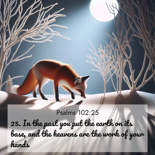 BasicEnglish Psalms  ; image nature: image with the bible verse :In the past you put the earth on its base, and the heavens are the work of your hands. ; Browse Bible images illustrated by desert landscapes, with endless skies, golden dunes, and isolated palm trees. These images evoke the calm and grandeur of God&#039;s creation. Download inspiring verses like KJV Psalms 102:25. Current verse is overlayed with the thematic nature scene : A red fox hunts through pristine snow. Moon shadows dance between bare trees. ; 102:25