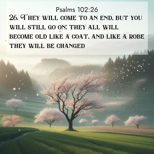 BasicEnglish Psalms  ; image nature: image with the bible verse :They will come to an end, but you will still go on; they all will become old like a coat, and like a robe they will be changed: ; Browse Bible images illustrated by desert landscapes, with endless skies, golden dunes, and isolated palm trees. These images evoke the calm and grandeur of God&#039;s creation. Download inspiring verses like KJV Psalms 102:26. Current verse is overlayed with the thematic nature scene : Spring winds scatter cherry blossoms like snow. ; 102:26