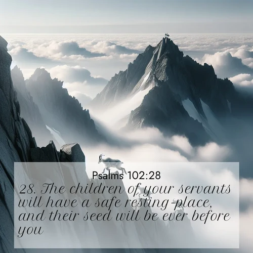 BasicEnglish Psalms  ; image nature: image with the bible verse :The children of your servants will have a safe resting-place, and their seed will be ever before you. ; Explore serene Bible verse images adorned with photos of divine creation—tranquil beaches, snowy mountains, and starry skies. Each image is free to download and share. Verses include KJV Psalms 102:28. Current verse is overlayed with the thematic nature scene : Mountain goats navigate impossible peaks. Clouds swirl beneath their sure feet. ; 102:28
