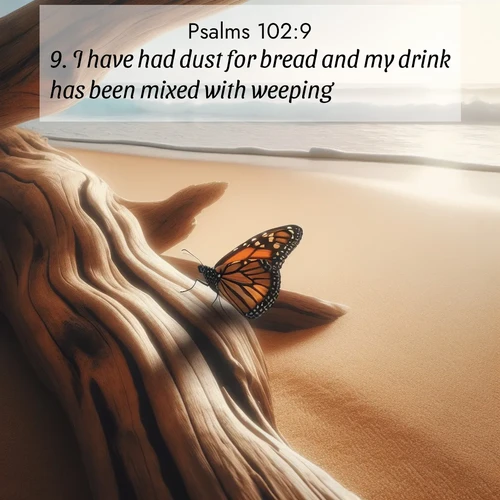 BasicEnglish Psalms  ; image nature: image with the bible verse :I have had dust for bread and my drink has been mixed with weeping: ; Browse our selection of stunning Bible verse images featuring unique natural scenes like fiery autumn forests, serene meadows, and starlit skies. Download and share verses like KJV Psalms 102:9 for free. Current verse is overlayed with the thematic nature scene : A single monarch butterfly alights on a sun-bleached driftwood log. Waves crash endlessly on the empty beach beyond. ; 102:9