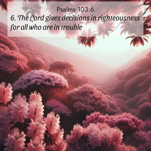 BasicEnglish Psalms  ; image nature: image with the bible verse :The Lord gives decisions in righteousness for all who are in trouble. ; Admire our free collection of Bible verse images with beautiful landscapes like sunlit forests, rippling waters, and radiant dawns. Each verse, such as KJV Psalms 103:6, is ready to download and share. Current verse is overlayed with the thematic nature scene : Mountain laurel blooms paint hillsides pink. Spring breezes carry their honey scent. ; 103:6