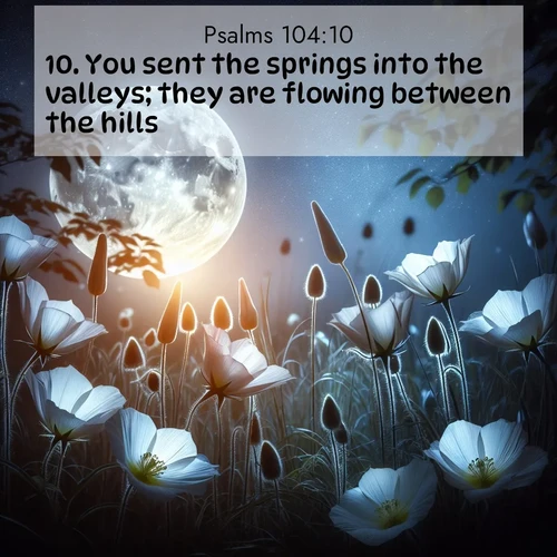 BasicEnglish Psalms  ; image nature: image with the bible verse :You sent the springs into the valleys; they are flowing between the hills. ; Admire our autumnal collection of Bible verse images accompanied by photos of paths lined with red and yellow leaves, fiery forests, and calm rivers. These images inspire reflection and serenity. Share verses like KJV Psalms 104:10. Current verse is overlayed with the thematic nature scene : Moonflowers open to the rising full moon. Night insects hum in harmony. ; 104:10