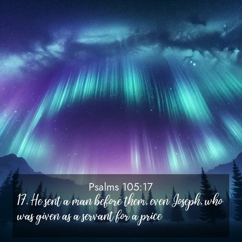 BasicEnglish Psalms  ; image nature: image with the bible verse :He sent a man before them, even Joseph, who was given as a servant for a price: ; Discover Bible verses beautifully integrated with natural scenes of varied seasons, featuring summer skies, winter snow, autumn leaves, and spring blooms. Each image captures the splendor and peace of God&#039;s creation. Share verses like KJV Psalms 105:17. Current verse is overlayed with the thematic nature scene : Aurora borealis ripples like cosmic curtains. Pine trees stand sentinel beneath the light show. ; 105:17