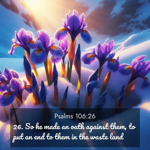 BasicEnglish Psalms  ; image nature: image with the bible verse :So he made an oath against them, to put an end to them in the waste land: ; Explore a spring collection of Bible images, with landscapes of green hills, wildflowers, and crystal-clear streams. These images symbolize the blossoming of God&#039;s creation. Download verses like KJV Psalms 106:26. Current verse is overlayed with the thematic nature scene : Wild iris blooms pierce through melting snow. Alpine sunlight ignites their petals. ; 106:26