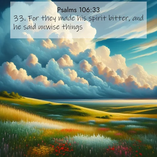 BasicEnglish Psalms  ; image nature: image with the bible verse :For they made his spirit bitter, and he said unwise things. ; Explore a collection of Bible verses paired with springtime scenes, featuring blooming flowers, lush meadows, and trees in full bloom. These images symbolize divine renewal and hope. Download inspiring verses like KJV Psalms 106:33. Current verse is overlayed with the thematic nature scene : Summer thunderheads build over grasslands dotted with wildflowers. ; 106:33