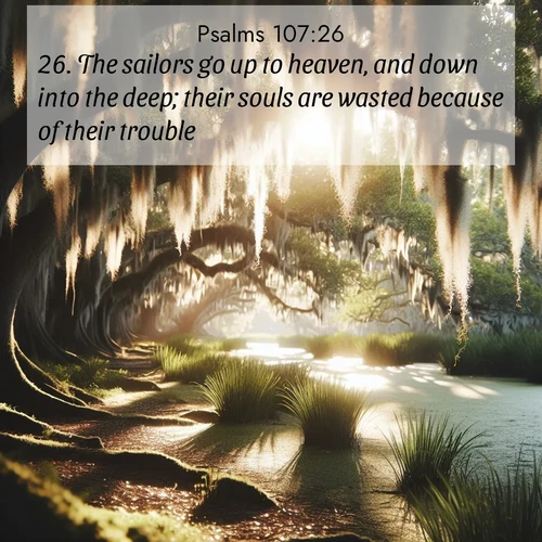 BBE Psalms 107:26 overlaying nature image scene: Summer afternoon light filters through Spanish moss in a bayou.;26. The sailors go up to heaven, and down into the deep; their souls are wasted because of their trouble.