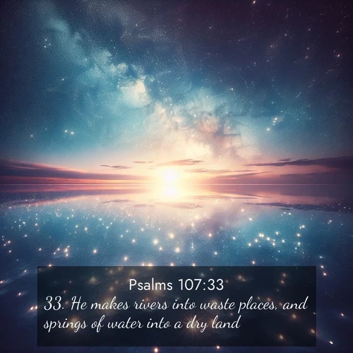 BBE Psalms 107:33 overlaying nature image scene: Stars reflect perfectly in the salt flats after rainfall. The horizon disappears in the mirror-like expanse.;33. He makes rivers into waste places, and springs of water into a dry land;