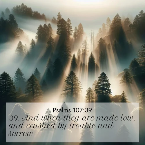 BBE Psalms 107:39 overlaying nature image scene: Coastal redwoods disappear into fog. Filtered sunlight creates divine rays.;39. And when they are made low, and crushed by trouble and sorrow,