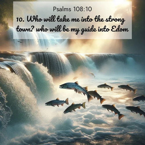 BasicEnglish Psalms  ; image nature: image with the bible verse :Who will take me into the strong town? who will be my guide into Edom? ; Dive into our collection of Bible verses paired with coastal scenes, featuring calming waves, infinite beaches, and reflections of the sun on the water. These images evoke the peace and beauty of God. Share verses like KJV Psalms 108:10. Current verse is overlayed with the thematic nature scene : Wild salmon leap ancient waterfalls. Mist rises like spirits in morning light. ; 108:10