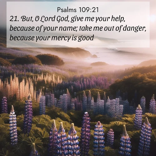 BasicEnglish Psalms  ; image nature: image with the bible verse :But, O Lord God, give me your help, because of your name; take me out of danger, because your mercy is good. ; Explore an exceptional collection of Bible verse images accompanied by photos of nature, showcasing snowy mountains, serene forests, and still lakes. These images feature luminous tones and varied fonts to bring serenity and inspiration. Share uplifting verses like KJV Psalms 109:21. Current verse is overlayed with the thematic nature scene : Wild lupines carpet a coastal meadow. Ocean fog rolls in on silent feet. ; 109:21