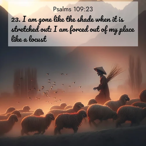 BasicEnglish Psalms  ; image nature: image with the bible verse :I am gone like the shade when it is stretched out: I am forced out of my place like a locust. ; Dive into our collection of Bible verse images beautifully illustrated with beach photos, featuring gentle waves, sunsets over the sea, and sandy shores. These scenes evoke the peace and majesty of God. Download and share inspiring verses like KJV Psalms 109:23. Current verse is overlayed with the thematic nature scene : A shepherd guides his flock home. Sunset paints wool golden red. ; 109:23