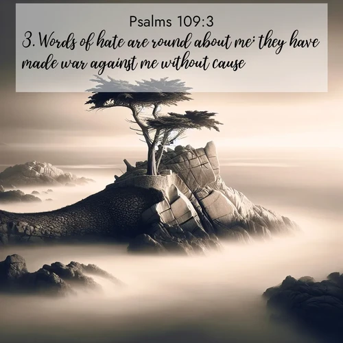 BasicEnglish Psalms  ; image nature: image with the bible verse :Words of hate are round about me; they have made war against me without cause. ; Discover Bible images capturing the essence of autumn, with wooded paths, golden fields, and swirling leaves. These scenes reflect the changing beauty of God&#039;s creation. Download verses like KJV Psalms 109:3. Current verse is overlayed with the thematic nature scene : A lone cypress stands sentinel on a wave-carved point. Pacific storms have shaped its every branch. ; 109:3