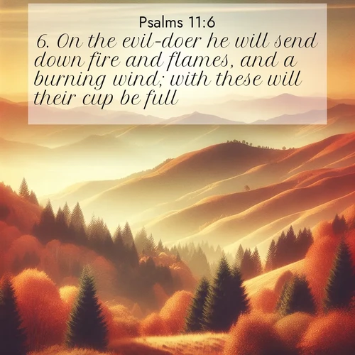 BBE Psalms 11:6 overlaying nature image scene: Autumn colors paint hillsides in warm earth tones.;6. On the evil-doer he will send down fire and flames, and a burning wind; with these will their cup be full.