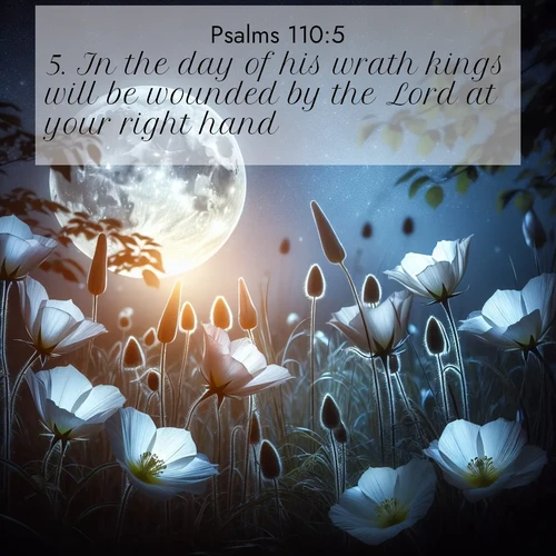 BasicEnglish Psalms  ; image nature: image with the bible verse :In the day of his wrath kings will be wounded by the Lord at your right hand. ; Browse a gallery of Bible verses paired with summer scenes, such as golden wheat fields, bright skies, and sunny beaches. These images convey the joy and warmth of God&#039;s creation. Download and share verses like KJV Psalms 110:5. Current verse is overlayed with the thematic nature scene : Moonflowers open to the rising full moon. Night insects hum in harmony. ; 110:5