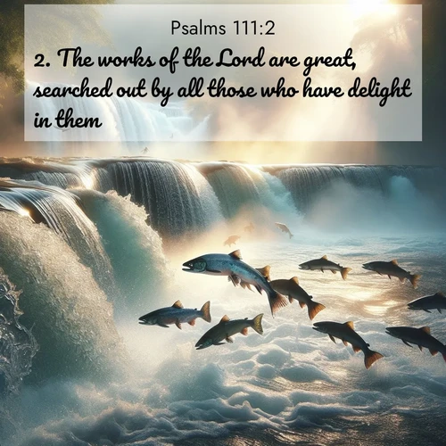 BasicEnglish Psalms  ; image nature: image with the bible verse :The works of the Lord are great, searched out by all those who have delight in them. ; Admire stunning Bible verse images paired with photos of peaceful landscapes, such as foggy mornings, serene rivers, and blooming gardens. Download these free images and share verses like KJV Psalms 111:2. Current verse is overlayed with the thematic nature scene : Wild salmon leap ancient waterfalls. Mist rises like spirits in morning light. ; 111:2