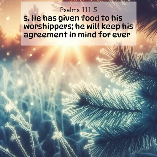 BasicEnglish Psalms  ; image nature: image with the bible verse :He has given food to his worshippers; he will keep his agreement in mind for ever. ; Discover Bible images capturing the essence of autumn, with wooded paths, golden fields, and swirling leaves. These scenes reflect the changing beauty of God&#039;s creation. Download verses like KJV Psalms 111:5. Current verse is overlayed with the thematic nature scene : Morning frost rimes every needle. Weak sun struggles through branches. ; 111:5