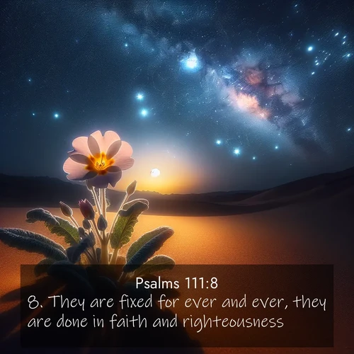BasicEnglish Psalms  ; image nature: image with the bible verse :They are fixed for ever and ever, they are done in faith and righteousness. ; Explore a collection of inspiring Bible verse images accompanied by winter photos, such as snowy landscapes, frosted trees, and frozen lakes. These images reflect the peace and purity of God&#039;s creation, with elegant fonts and luminous colors. Download and share verses like KJV Psalms 111:8. Current verse is overlayed with the thematic nature scene : Desert primrose opens to stars. Night wind carries sweet perfume. ; 111:8