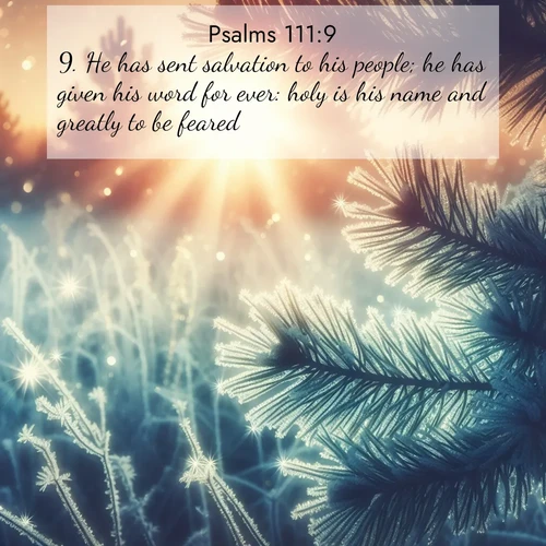 BasicEnglish Psalms  ; image nature: image with the bible verse :He has sent salvation to his people; he has given his word for ever: holy is his name and greatly to be feared. ; Discover our curated gallery of Bible verse images with breathtaking scenery, from tranquil deserts to lush green pastures. Perfect for phone wallpapers or sharing online. Download verses like KJV Psalms 111:9. Current verse is overlayed with the thematic nature scene : Morning frost rimes every needle. Weak sun struggles through branches. ; 111:9
