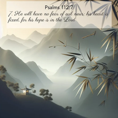 BasicEnglish Psalms  ; image nature: image with the bible verse :He will have no fear of evil news; his heart is fixed, for his hope is in the Lord. ; Discover beautiful Bible verse images enriched with natural landscapes, from serene beaches to cascading waterfalls. All images are free and ready to download. Share verses such as KJV Psalms 112:7. Current verse is overlayed with the thematic nature scene : Bamboo leaves whisper secrets in mountain wind. A temple bell rings in the distance. ; 112:7