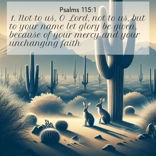 BasicEnglish Psalms  ; image nature: image with the bible verse :Not to us, O Lord, not to us, but to your name let glory be given, because of your mercy and your unchanging faith. ; Discover beautiful Bible verse images enriched with natural landscapes, from serene beaches to cascading waterfalls. All images are free and ready to download. Share verses such as KJV Psalms 115:1. Current verse is overlayed with the thematic nature scene : Desert jackrabbits pause in saguaro shade. Heat waves distort distant peaks. ; 115:1