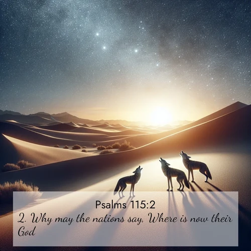 BasicEnglish Psalms  ; image nature: image with the bible verse :Why may the nations say, Where is now their God? ; Explore our vast collection of images featuring beautifully illustrated Bible verses accompanied by nature photos. Discover inspiring and motivating verses paired with soothing landscapes, like shimmering lakes, majestic mountains, and lush forests. Our images highlight the peaceful beauty of God&#039;s creation with vibrant colors and varied fonts. Download and share verse images like KJV Psalms 115:2. Current verse is overlayed with the thematic nature scene : Desert coyotes sing to stars. Their voices echo through time. ; 115:2