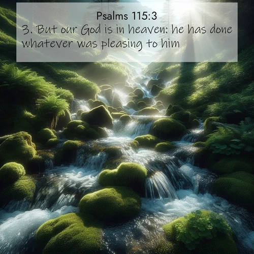 BasicEnglish Psalms  ; image nature: image with the bible verse :But our God is in heaven: he has done whatever was pleasing to him. ; Browse our selection of stunning Bible verse images featuring unique natural scenes like fiery autumn forests, serene meadows, and starlit skies. Download and share verses like KJV Psalms 115:3 for free. Current verse is overlayed with the thematic nature scene : Mountain streams tumble through moss. Sunlight creates crystal prisms. ; 115:3