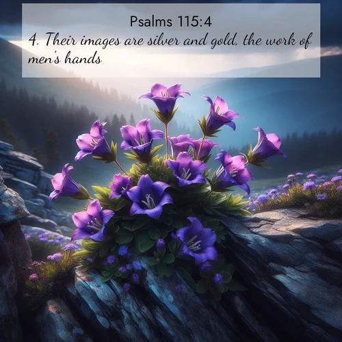 BasicEnglish Psalms  ; image nature: image with the bible verse :Their images are silver and gold, the work of men&#039;s hands. ; Explore a rich collection of Bible verse images beautifully illustrated by natural landscapes, such as colorful skies, towering mountains, and tranquil rivers. The images highlight the serenity of God&#039;s creation with vivid tones and carefully chosen typography. Download and share inspiring verses like KJV Psalms 115:4. Current verse is overlayed with the thematic nature scene : Wild gentians bloom in rocky cracks. Summer storms gather above treeline. ; 115:4