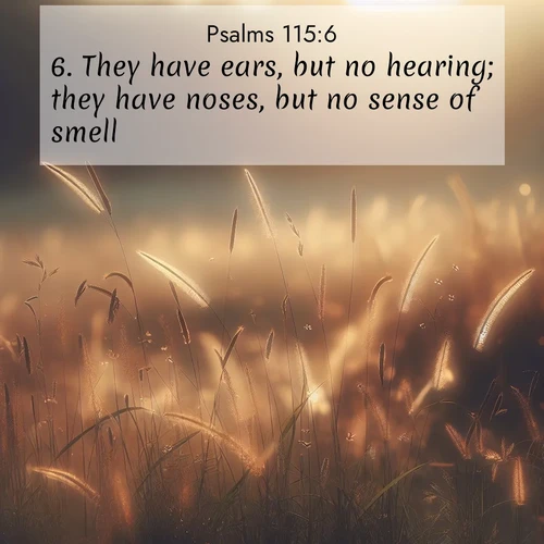 BasicEnglish Psalms  ; image nature: image with the bible verse :They have ears, but no hearing; they have noses, but no sense of smell; ; Browse our collection of vibrant Bible verse images set against calming backdrops like tropical shores, quiet woods, and majestic mountains. Download free wallpapers featuring KJV Psalms 115:6. Current verse is overlayed with the thematic nature scene : Summer heat brings out cricket songs in meadow grass. ; 115:6