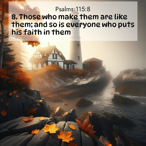 BasicEnglish Psalms  ; image nature: image with the bible verse :Those who make them are like them; and so is everyone who puts his faith in them. ; Explore serene Bible verse images adorned with photos of divine creation—tranquil beaches, snowy mountains, and starry skies. Each image is free to download and share. Verses include KJV Psalms 115:8. Current verse is overlayed with the thematic nature scene : Autumn fog shrouds a lighthouse on rocky shores. ; 115:8