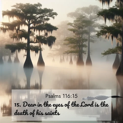 BasicEnglish Psalms  ; image nature: image with the bible verse :Dear in the eyes of the Lord is the death of his saints. ; Download Bible verse images featuring vibrant photos of nature, from snowy landscapes to golden deserts. These free images are perfect for phone wallpapers, desktop backgrounds, or sharing. Verses include KJV Psalms 116:15. Current verse is overlayed with the thematic nature scene : Morning fog clings to gnarled cypress trees in the swamp. An alligator glides silently through the dark water. ; 116:15