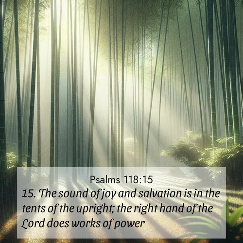 BBE Psalms 118:15 overlaying nature image scene: Bamboo forests cast striped shadows while a gentle rain patters on broad leaves.;15. The sound of joy and salvation is in the tents of the upright; the right hand of the Lord does works of power.