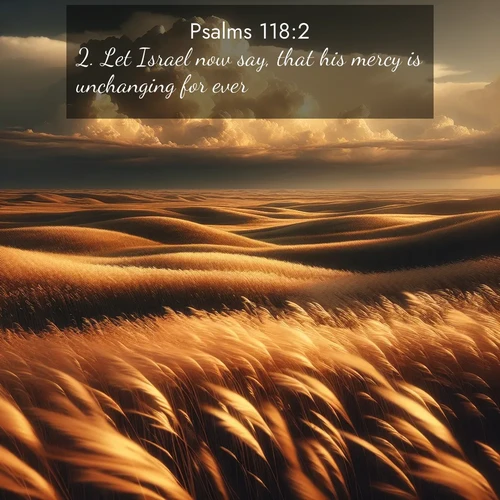 BBE Psalms 118:2 overlaying nature image scene: Prairie grass waves like a golden ocean. Storm clouds build towers on the horizon.;2. Let Israel now say, that his mercy is unchanging for ever.