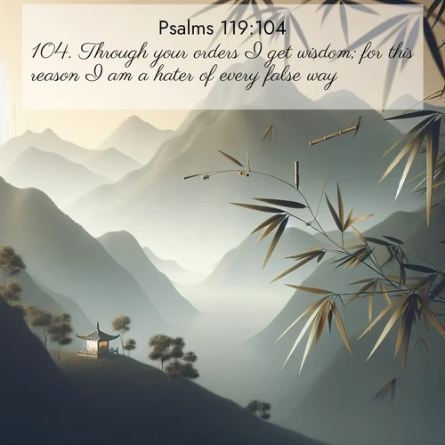 BasicEnglish Psalms  ; image nature: image with the bible verse :Through your orders I get wisdom; for this reason I am a hater of every false way. ; Discover our unique collection of Bible verse images integrated with photos showcasing the majesty of nature, such as rocky mountains, ancient trees, and crystal-clear lakes. These images feature luminous colors and text in varied fonts, reflecting the harmony of God&#039;s creation. Download verses like KJV Psalms 119:104. Current verse is overlayed with the thematic nature scene : Bamboo leaves whisper secrets in mountain wind. A temple bell rings in the distance. ; 119:104