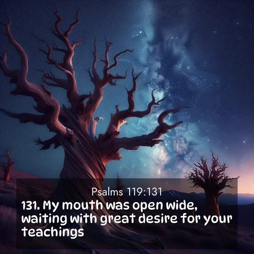 BasicEnglish Psalms  ; image nature: image with the bible verse :My mouth was open wide, waiting with great desire for your teachings. ; Dive into our collection of Bible verses paired with coastal scenes, featuring calming waves, infinite beaches, and reflections of the sun on the water. These images evoke the peace and beauty of God. Share verses like KJV Psalms 119:131. Current verse is overlayed with the thematic nature scene : Ancient bristlecone pines twist toward stars. Time stands still in their presence. ; 119:131