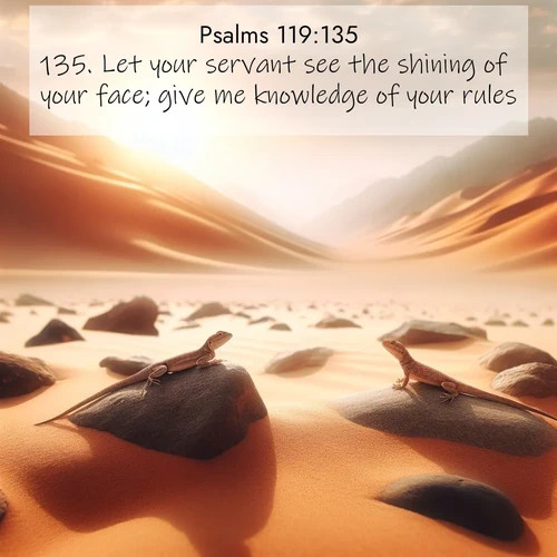 BasicEnglish Psalms  ; image nature: image with the bible verse :Let your servant see the shining of your face; give me knowledge of your rules. ; Browse beautiful Bible verse images accompanied by peaceful scenes like calm seas, ancient forests, and radiant horizons. Download high-quality, free images featuring verses such as KJV Psalms 119:135. Current verse is overlayed with the thematic nature scene : Desert lizards bask on sun-hot rocks. Heat mirages dance like water. ; 119:135