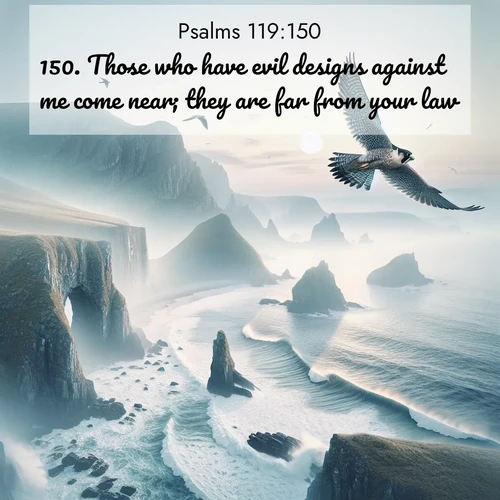 BasicEnglish Psalms  ; image nature: image with the bible verse :Those who have evil designs against me come near; they are far from your law. ; Admire Bible images evoking autumn, with warm colors of fallen leaves, harvested fields, and tranquil woods. These inspiring landscapes reflect the transition and beauty of God&#039;s creation. Download verses like KJV Psalms 119:150. Current verse is overlayed with the thematic nature scene : A peregrine falcon rides thermal currents above coastal cliffs. Waves crash endlessly against the rocks below. ; 119:150