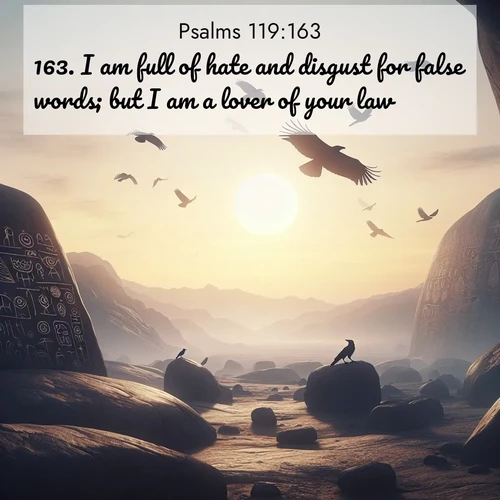 BasicEnglish Psalms  ; image nature: image with the bible verse :I am full of hate and disgust for false words; but I am a lover of your law. ; Admire Bible verse images illustrated by summer photos, such as sunny beaches, sparkling waves, and swaying palm trees. These bright scenes highlight the joy and warmth of God&#039;s creation. Download and share verses like KJV Psalms 119:163. Current verse is overlayed with the thematic nature scene : Desert petroglyphs tell ancient stories. Ravens soar past wearing shadows for wings. ; 119:163