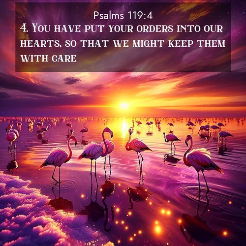 BasicEnglish Psalms  ; image nature: image with the bible verse :You have put your orders into our hearts, so that we might keep them with care. ; Download inspiring Bible verse images featuring stunning natural vistas, from tropical islands to rolling hills. These free images make perfect wallpapers or gifts. Share verses like KJV Psalms 119:4. Current verse is overlayed with the thematic nature scene : Wild flamingos wade through salt lake shallows. Sunset turns the water to liquid gold. ; 119:4