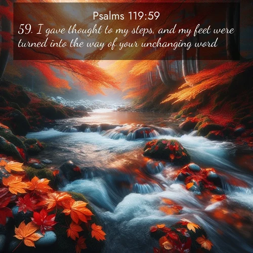 BasicEnglish Psalms  ; image nature: image with the bible verse :I gave thought to my steps, and my feet were turned into the way of your unchanging word. ; Dive into our collection of Bible verse images beautifully illustrated with beach photos, featuring gentle waves, sunsets over the sea, and sandy shores. These scenes evoke the peace and majesty of God. Download and share inspiring verses like KJV Psalms 119:59. Current verse is overlayed with the thematic nature scene : Autumn leaves swirl in eddies along a mountain stream. ; 119:59