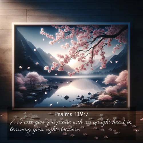 BasicEnglish Psalms  ; image nature: image with the bible verse :I will give you praise with an upright heart in learning your right decisions. ; Discover tranquil Bible verse images enhanced with natural scenery like rippling brooks, snow-covered fields, and sunlit beaches. These free images are perfect for wallpapers or spiritual reflection. Share KJV Psalms 119:7. Current verse is overlayed with the thematic nature scene : Cherry blossoms swirl in a spring breeze. Their petals dust the surface of a still mountain pond. ; 119:7