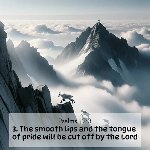 BasicEnglish Psalms  ; image nature: image with the bible verse :The smooth lips and the tongue of pride will be cut off by the Lord. ; Discover tranquil Bible verse images enhanced with natural scenery like rippling brooks, snow-covered fields, and sunlit beaches. These free images are perfect for wallpapers or spiritual reflection. Share KJV Psalms 12:3. Current verse is overlayed with the thematic nature scene : Mountain goats navigate impossible peaks. Clouds swirl beneath their sure feet. ; 12:3