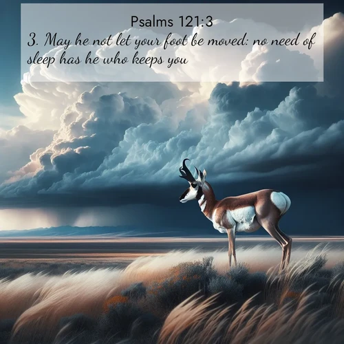 BasicEnglish Psalms  ; image nature: image with the bible verse :May he not let your foot be moved: no need of sleep has he who keeps you. ; Browse a vast collection of Bible verse images featuring awe-inspiring landscapes such as calm lakes, vibrant sunsets, and peaceful fields. Download them for free and enjoy verses like KJV Psalms 121:3. Current verse is overlayed with the thematic nature scene : A pronghorn pauses on wind-swept plains. Storm clouds build dark towers above. ; 121:3