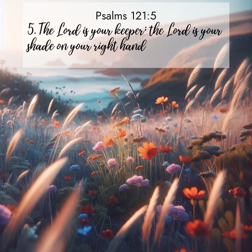 BasicEnglish Psalms  ; image nature: image with the bible verse :The Lord is your keeper; the Lord is your shade on your right hand. ; Browse our selection of stunning Bible verse images featuring unique natural scenes like fiery autumn forests, serene meadows, and starlit skies. Download and share verses like KJV Psalms 121:5 for free. Current verse is overlayed with the thematic nature scene : Summer wildflowers wave in the breeze on coastal bluffs. ; 121:5