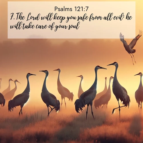 BasicEnglish Psalms  ; image nature: image with the bible verse :The Lord will keep you safe from all evil; he will take care of your soul. ; Discover breathtaking Bible verse images combined with vibrant landscapes like rolling hills, blooming gardens, and starry nights. Use them as wallpapers or to inspire others. Download verses like KJV Psalms 121:7. Current verse is overlayed with the thematic nature scene : Sandhill cranes dance in morning mist. Their calls echo across the marsh. ; 121:7